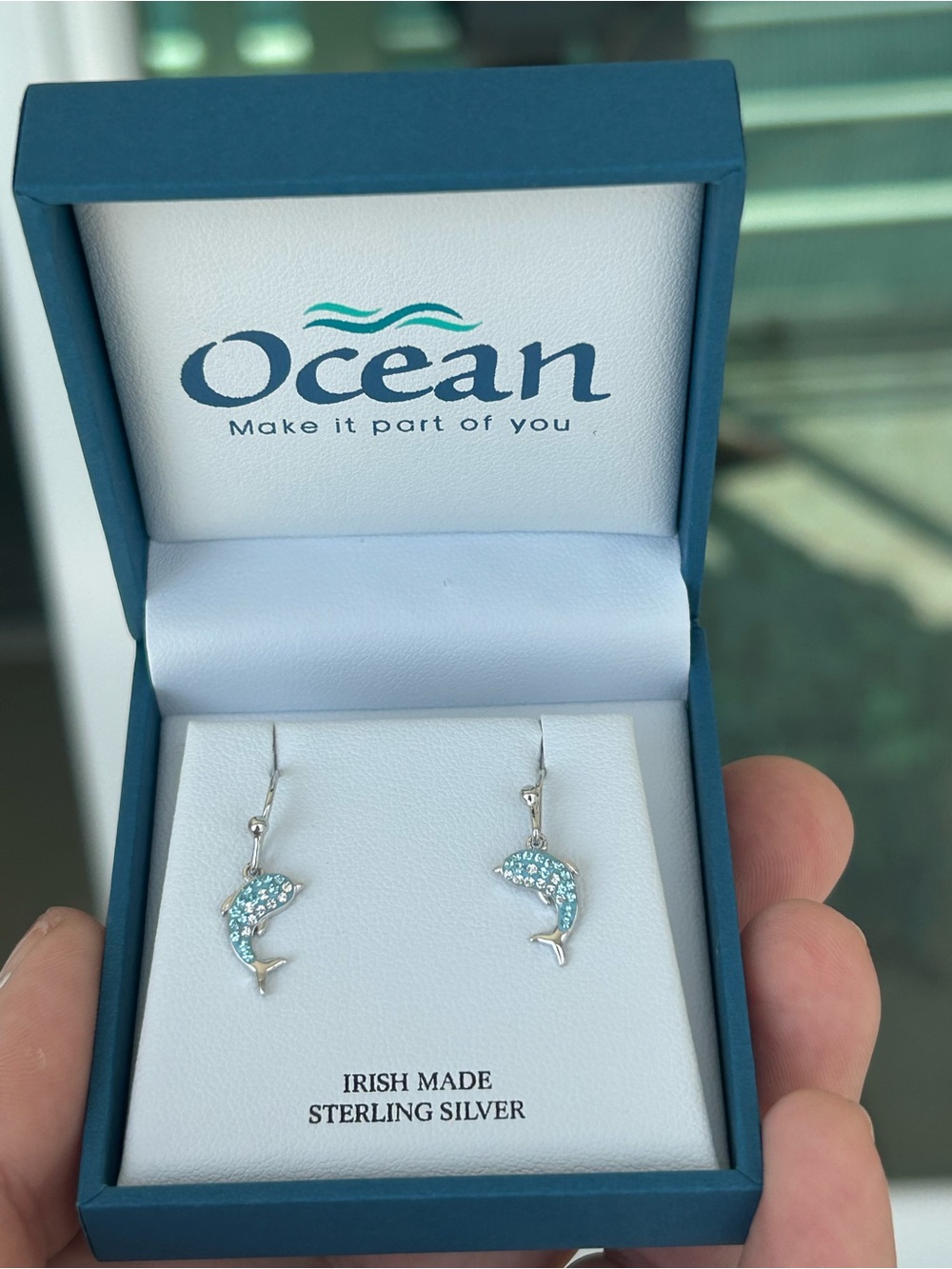 Ocean Irish made Sterling Silver Dolphin dangle earrings New in box
